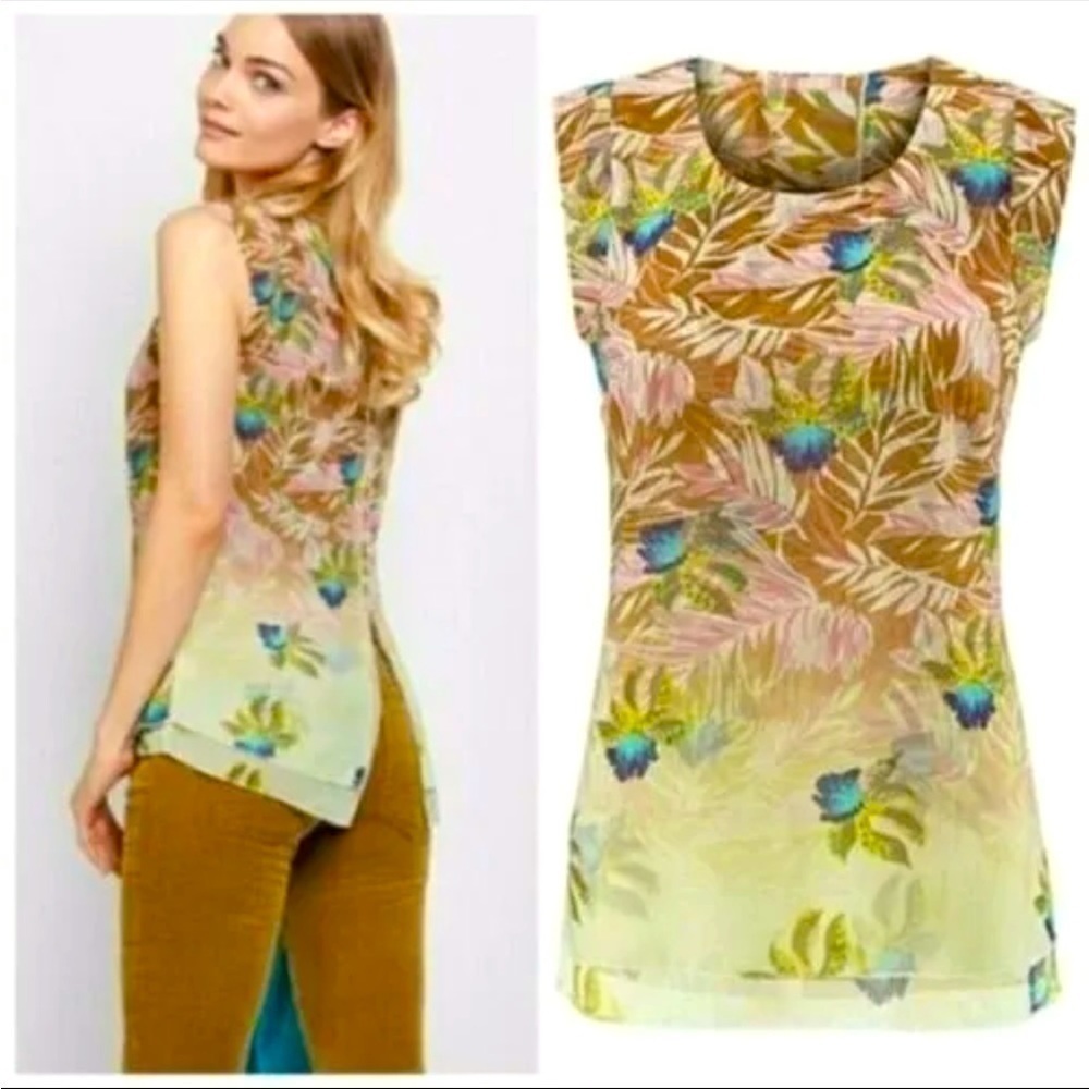 CAbi #5216 Tropical Print Parlor Top Split Back Sleeveless Blouse Size Medium M